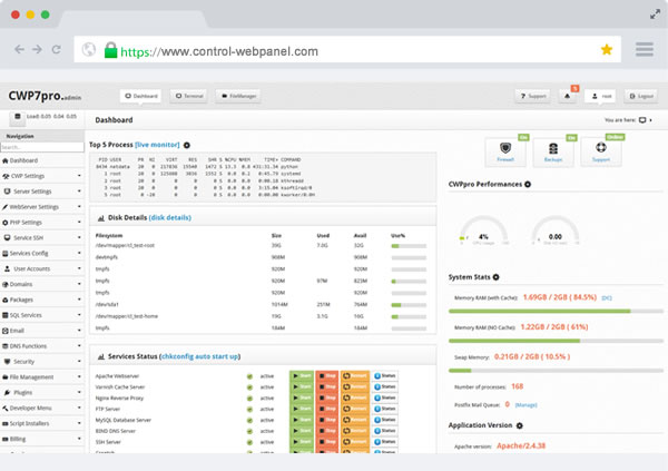 CWP Pro Control Panel Dashboard